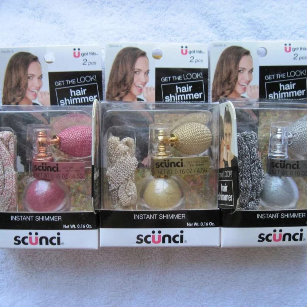 Scunci Instant Hair Shimmer Sparkling Glimmer Glitter Pink Silver Gold Ribbon